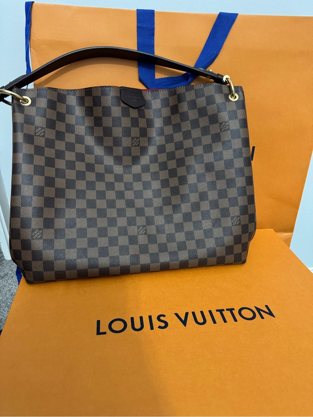 Louis Vuitton Brown Checkered Damier Ebene Shoulder Bag with Gold Hardware